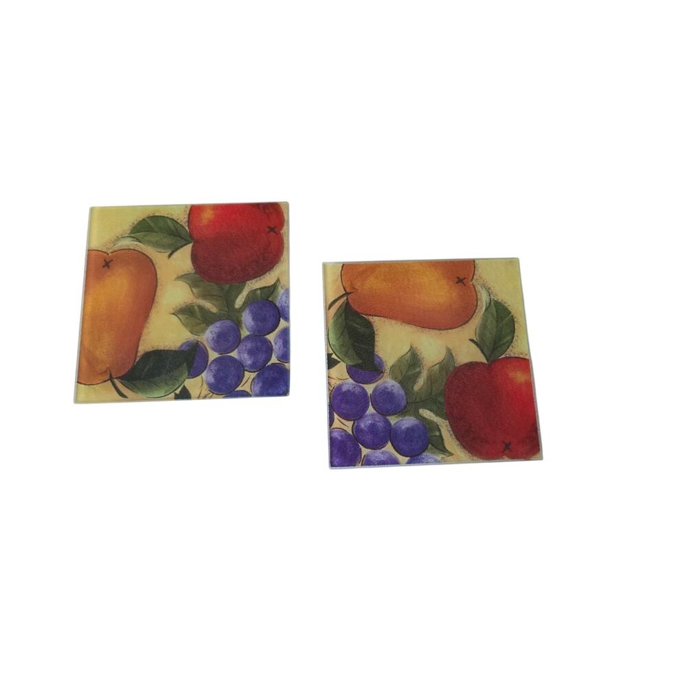 Vintage Glass Hand Painted Fruits Trivets 7' X 7" Set of Two